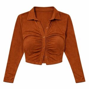 brown long sleeve ruched button up crop top